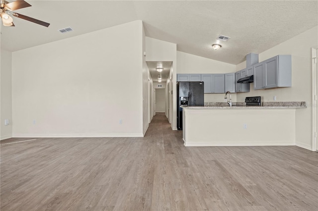 kitchen featuring gray cabinets, sink, light hardwood / wood-style floors, and black appliances