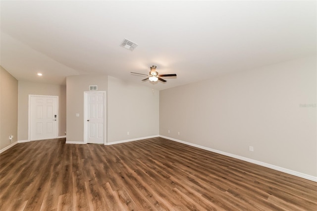 unfurnished room featuring dark hardwood / wood-style flooring and ceiling fan