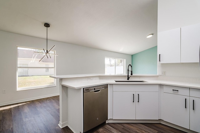 kitchen featuring sink, stainless steel dishwasher, white cabinets, and kitchen peninsula