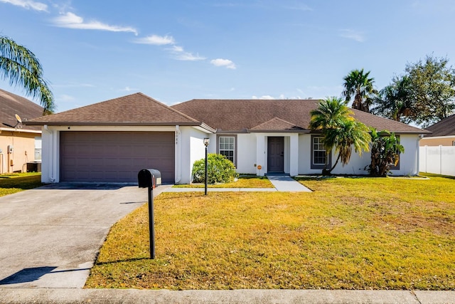 single story home with a garage and a front yard