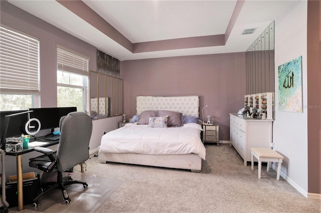 carpeted bedroom with a raised ceiling