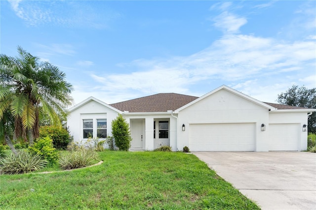 ranch-style home featuring a garage and a front yard