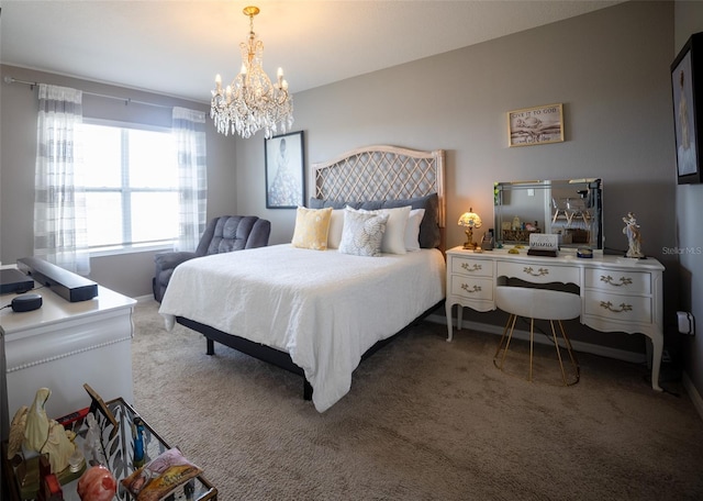 bedroom with carpet and a notable chandelier