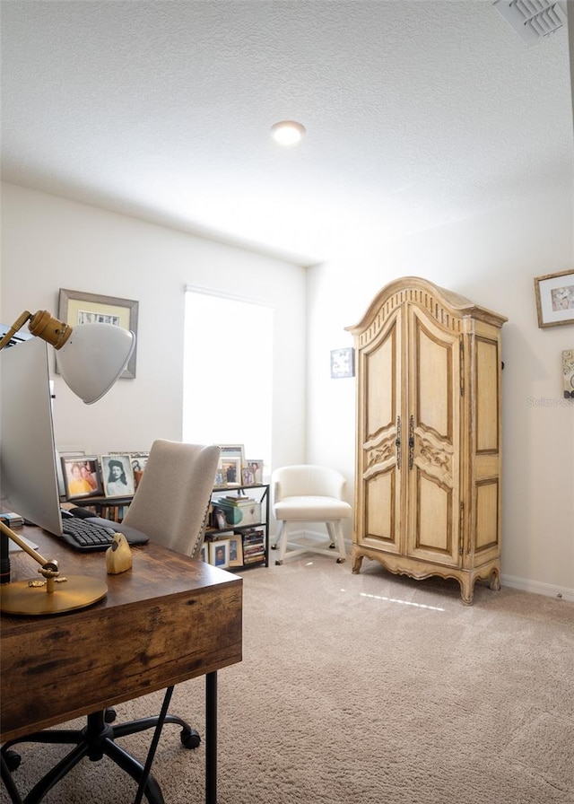 carpeted office space with a textured ceiling