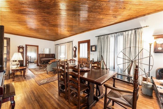 dining room featuring hardwood / wood-style flooring and wood ceiling