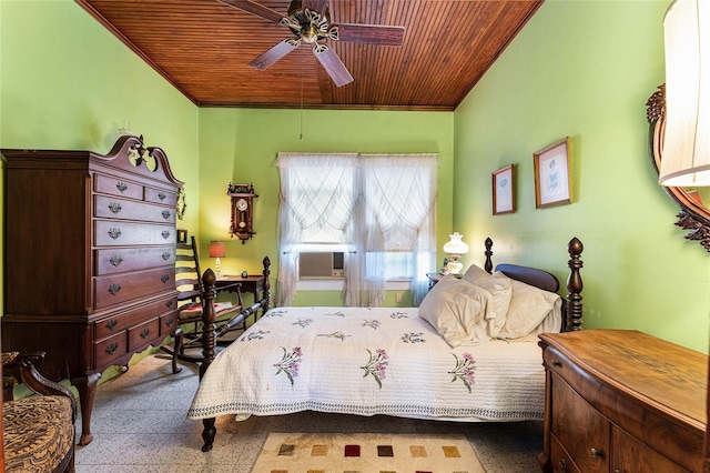 bedroom featuring crown molding, cooling unit, wood ceiling, and ceiling fan