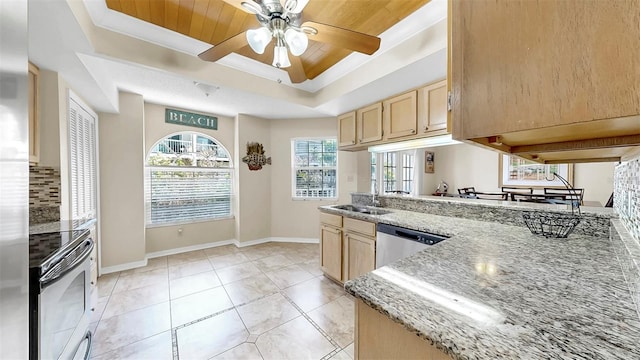 kitchen with light brown cabinetry, a tray ceiling, stainless steel appliances, a sink, and baseboards