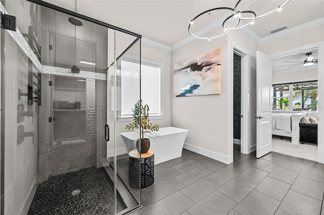 bathroom with ceiling fan, ornamental molding, independent shower and bath, and tile patterned floors