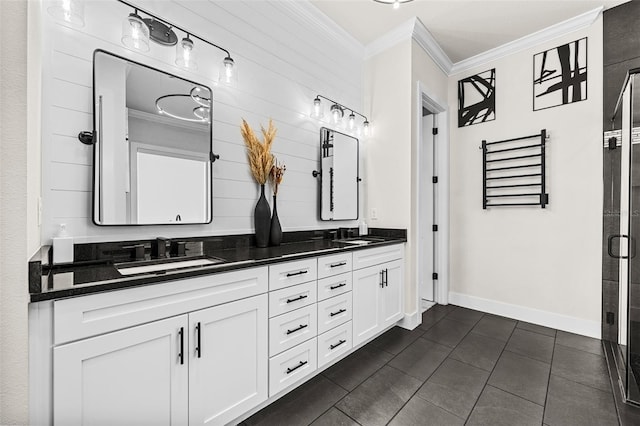 bathroom with tile patterned flooring, ornamental molding, an enclosed shower, and vanity