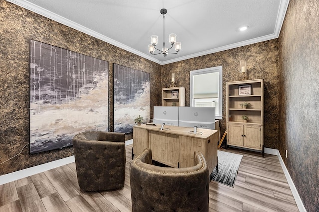 office space with crown molding, a notable chandelier, a textured ceiling, and hardwood / wood-style flooring