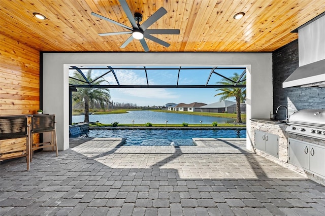 view of swimming pool featuring a water view, grilling area, and ceiling fan