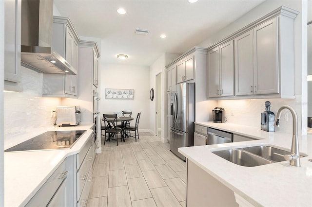 kitchen featuring visible vents, gray cabinets, a sink, stainless steel appliances, and wall chimney range hood