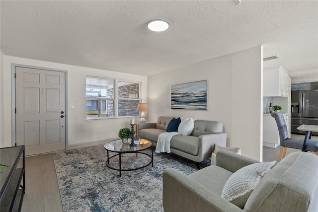 living room featuring wood-type flooring and a textured ceiling