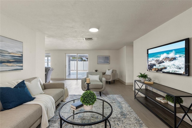 living room featuring wood-type flooring and a textured ceiling