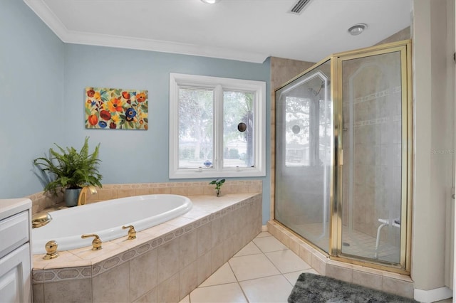 bathroom with vanity, ornamental molding, tile patterned floors, and plus walk in shower