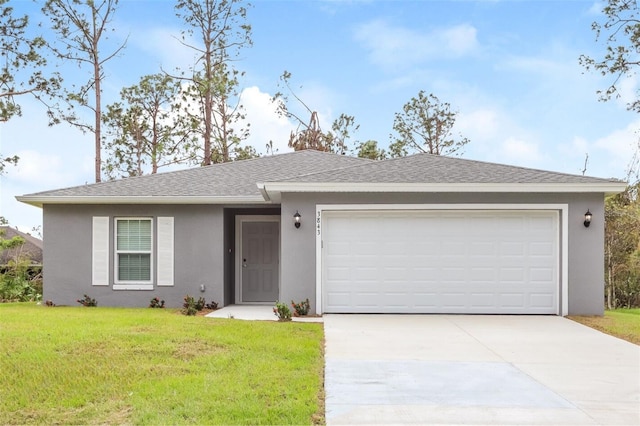 single story home with a garage and a front yard