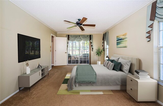 carpeted bedroom featuring radiator, a textured ceiling, ornamental molding, and ceiling fan