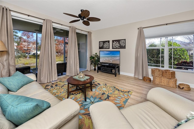 living room featuring ceiling fan and light wood-type flooring