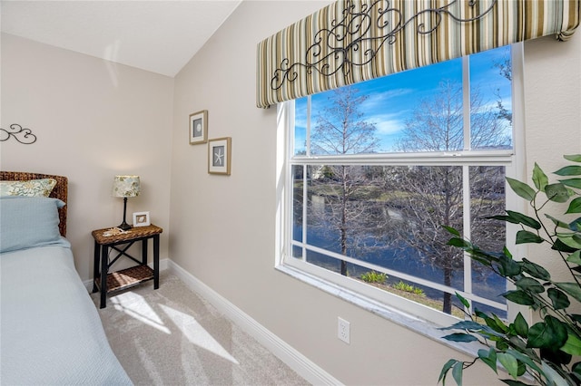 carpeted bedroom featuring vaulted ceiling