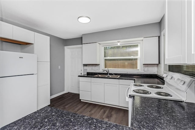 kitchen with white cabinetry, sink, white appliances, and dark hardwood / wood-style floors