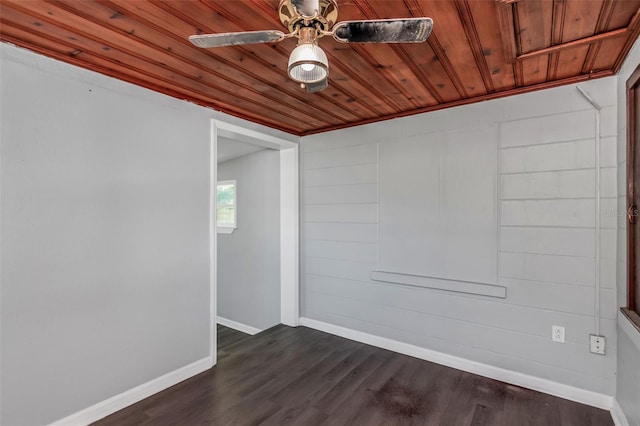 empty room with dark hardwood / wood-style flooring, ornamental molding, ceiling fan, and wood ceiling