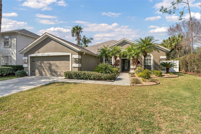 ranch-style house featuring a garage and a front yard