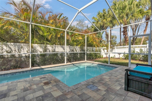 view of swimming pool with a lanai and a patio area