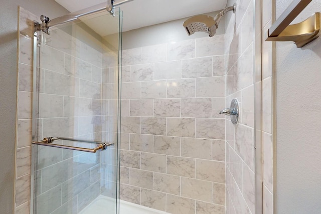 bathroom featuring a shower with door