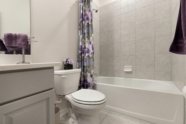 full bath with vanity, tile patterned flooring, toilet, and shower / tub combo with curtain