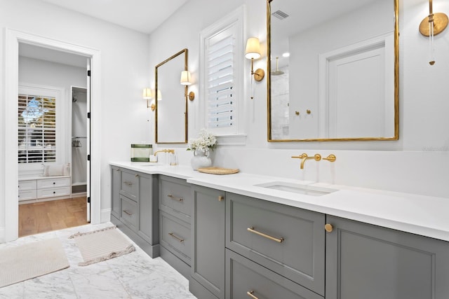 bathroom with vanity and hardwood / wood-style floors