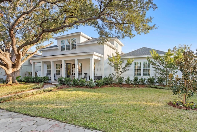 view of front of property with covered porch and a front yard