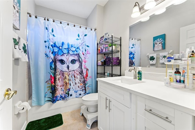 full bathroom featuring vanity, tile patterned floors, toilet, and shower / bath combo with shower curtain