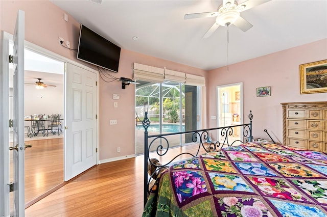 bedroom featuring ceiling fan, access to exterior, and light wood-type flooring