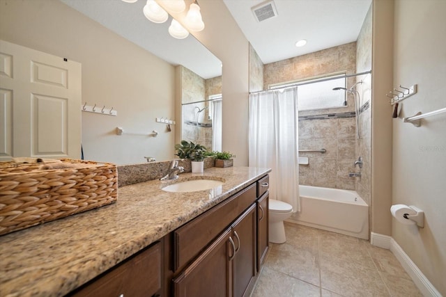 full bathroom featuring vanity, shower / tub combo, tile patterned flooring, and toilet