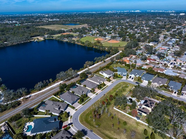 drone / aerial view featuring a water view