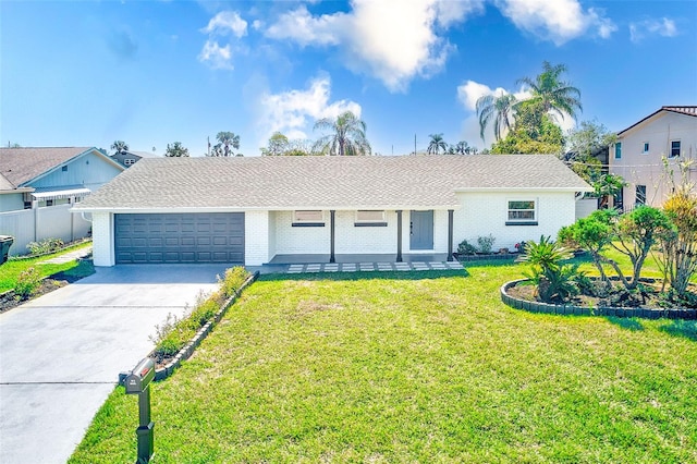 ranch-style home with a garage, driveway, fence, a front lawn, and brick siding