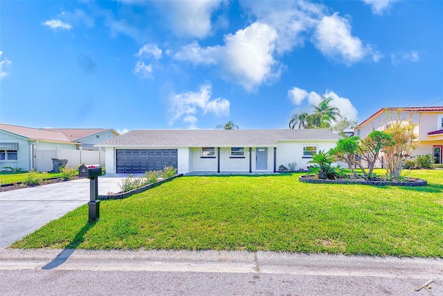 view of front of property featuring a front lawn, concrete driveway, and an attached garage