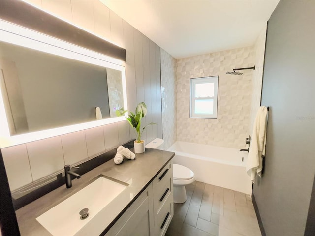 full bathroom featuring toilet, shower / tub combination, backsplash, and vanity