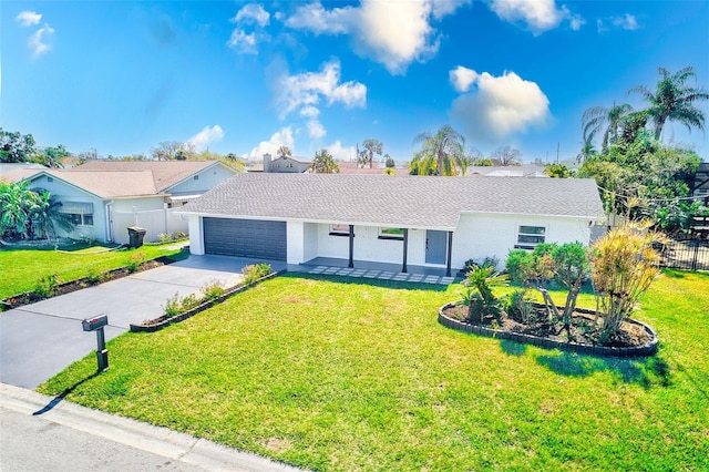 ranch-style house featuring an attached garage, fence, driveway, roof with shingles, and a front lawn