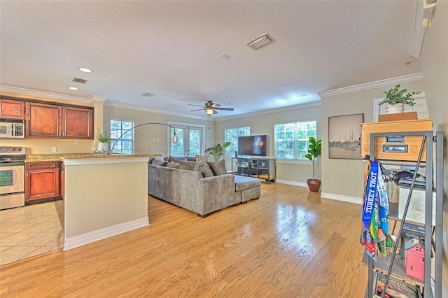 living room featuring ornamental molding, plenty of natural light, light hardwood / wood-style flooring, and a textured ceiling