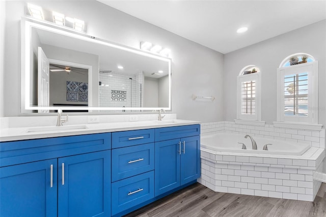 bathroom featuring vanity, wood-type flooring, and plus walk in shower