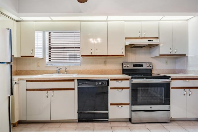 kitchen featuring electric stove, sink, white cabinetry, fridge, and black dishwasher