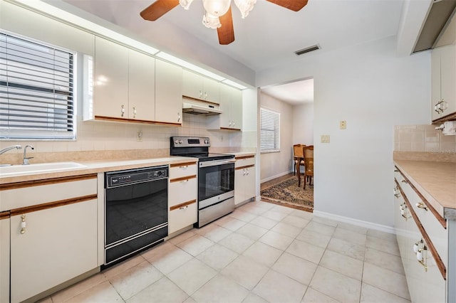 kitchen featuring white cabinetry, black dishwasher, sink, decorative backsplash, and stainless steel electric range