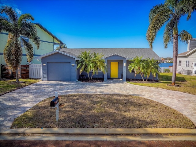 view of front facade featuring a garage, a front lawn, and a water view