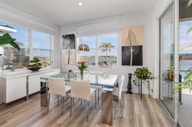 dining area featuring a water view and light hardwood / wood-style flooring