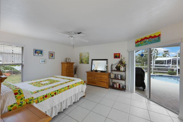 tiled bedroom featuring access to exterior and ceiling fan