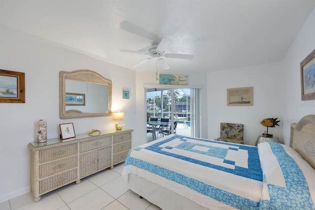 tiled bedroom with access to outside and ceiling fan