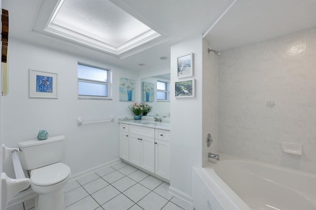 full bathroom with tile patterned floors, vanity, toilet, and tiled shower / bath combo