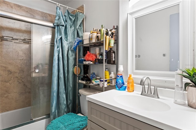 full bathroom with vanity, toilet, and shower / bath combo with shower curtain