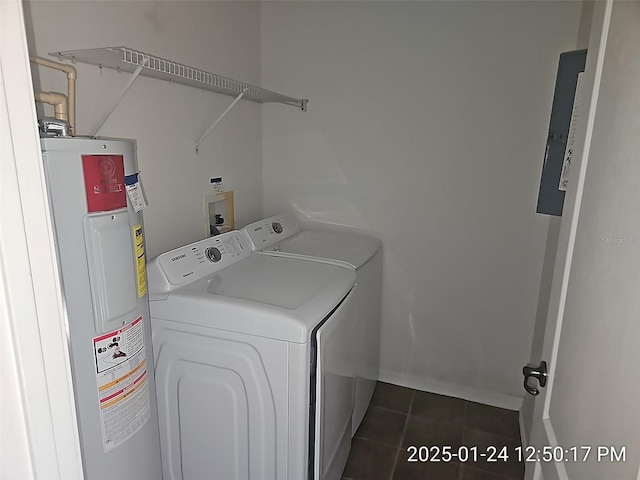 laundry room featuring electric water heater, dark tile patterned flooring, washer and clothes dryer, and electric panel